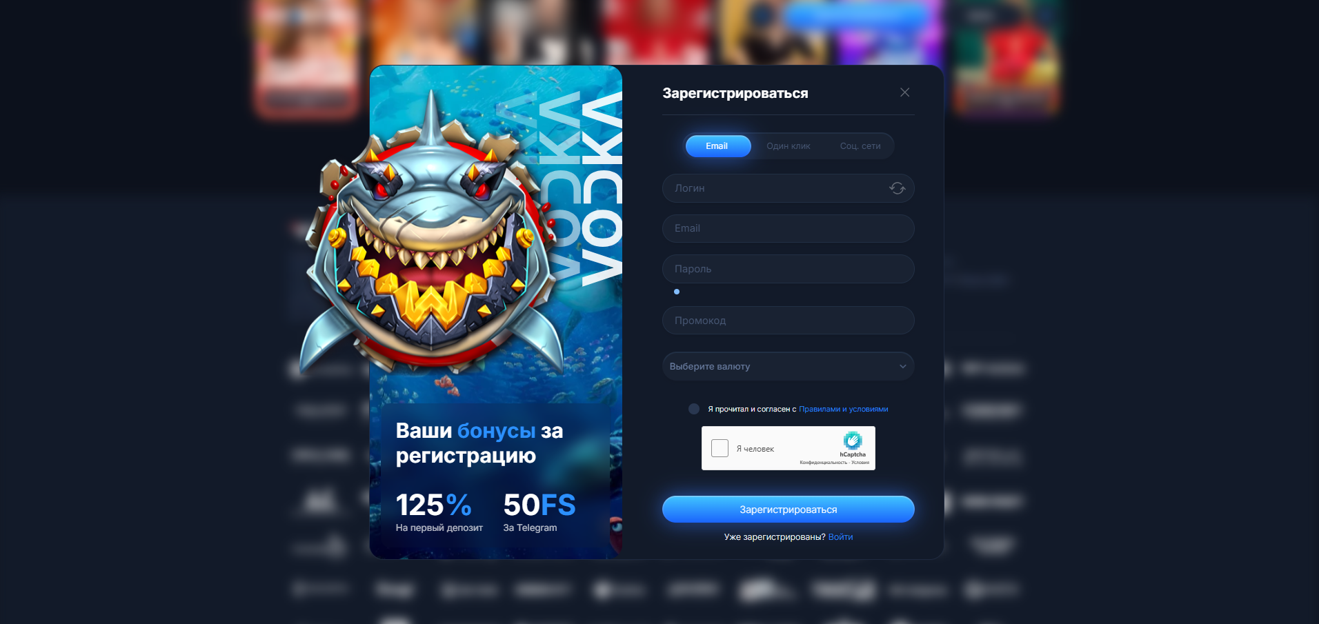 Процесс регистрации в Vodka casino